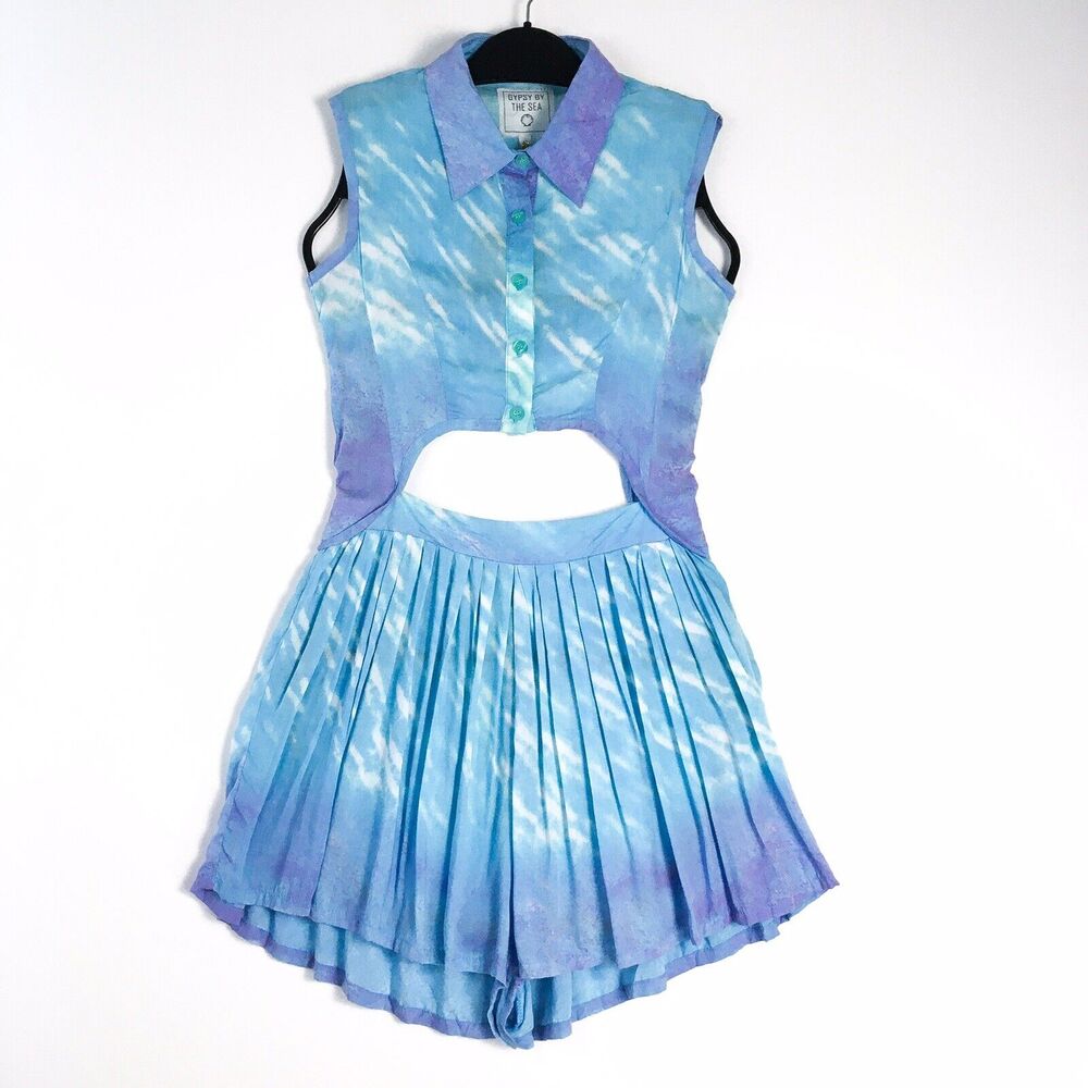 Gypsy By The Sea Women S Romper Blue Pleated Keyhole Cutout Sea Fade NEW